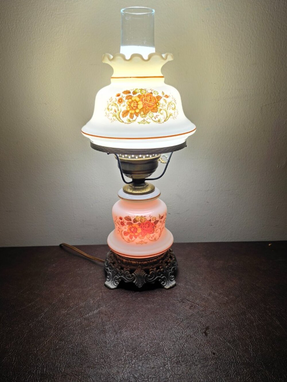 Vintage Quoizel Hurricane Table Lamp with a Floral Pattern and Metal Base